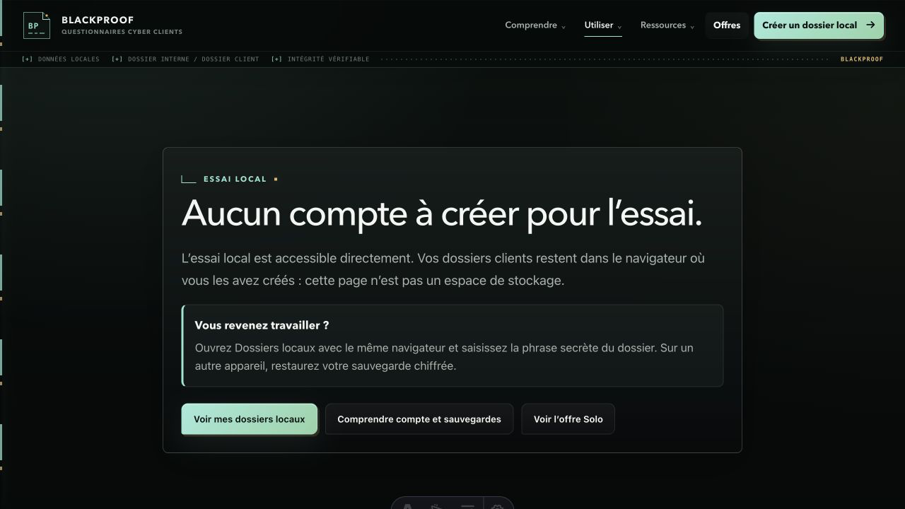 Page Compte BLACKPROOF indiquant qu’aucun compte n’est requis pour l’essai local