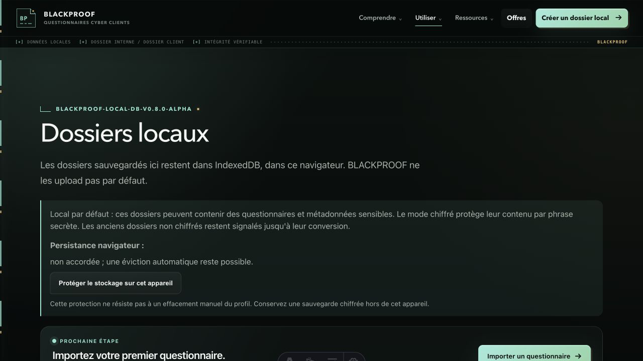 Liste vide des dossiers locaux BLACKPROOF avec état de persistance du stockage du navigateur