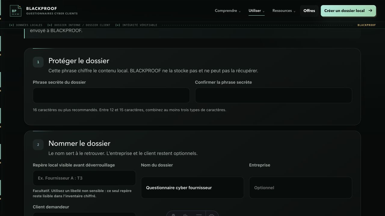 Écran de création d’un dossier BLACKPROOF demandant une phrase secrète et sa confirmation