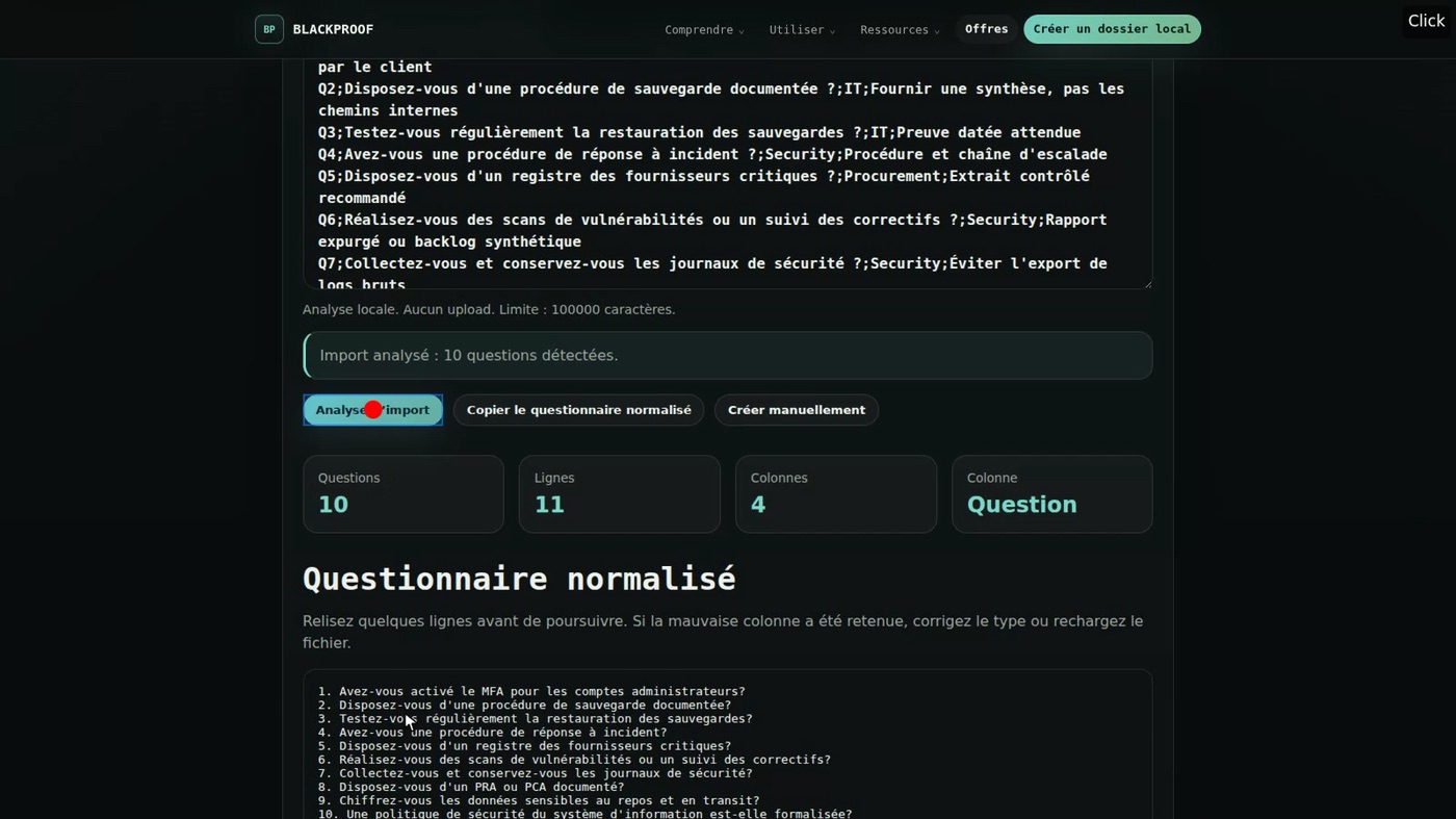 Aperçu de l'analyse locale d'un questionnaire dans BLACKPROOF